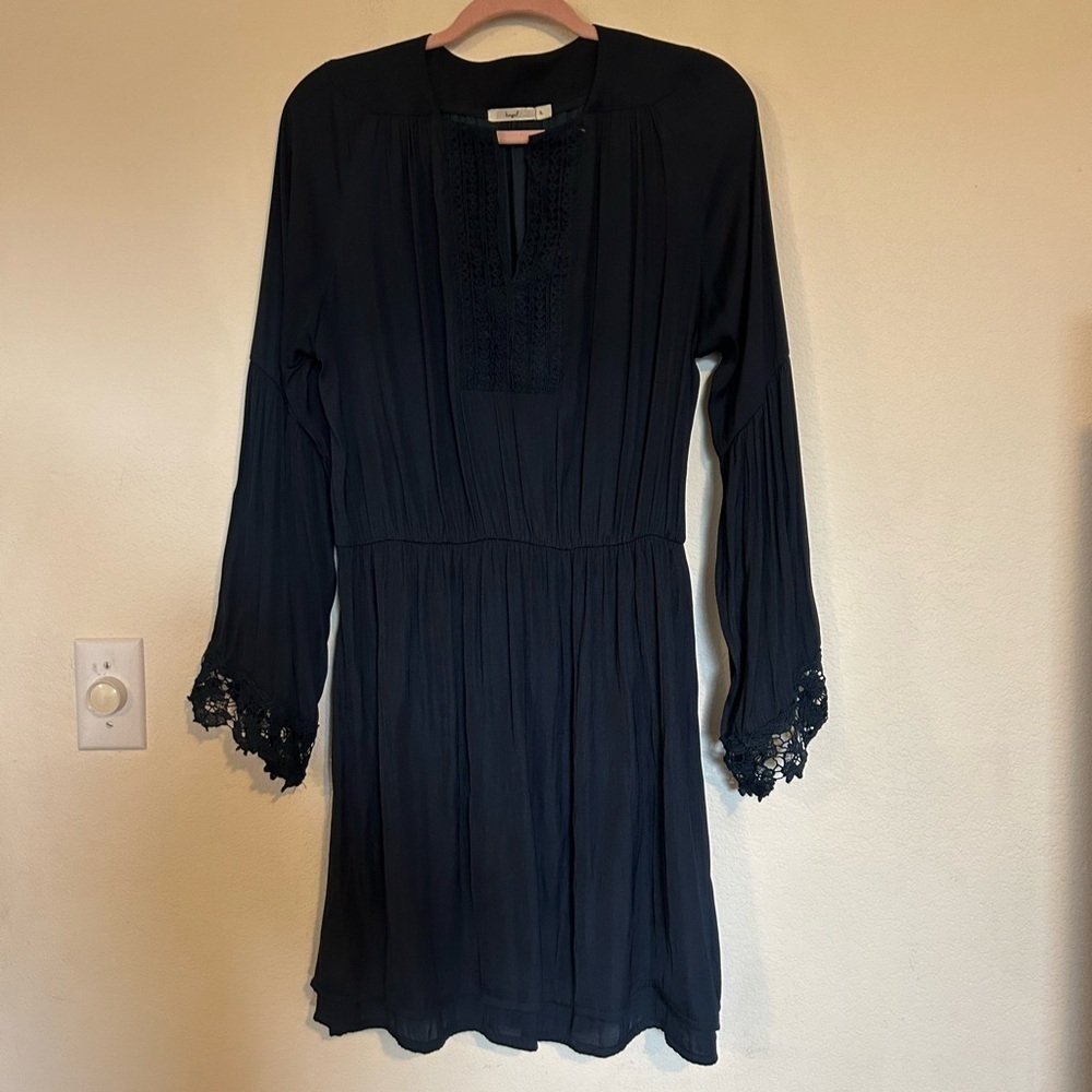 Hagel Large Navy Blue Long Sleeve Crochet Detail Bell Sleeve Boho Dress